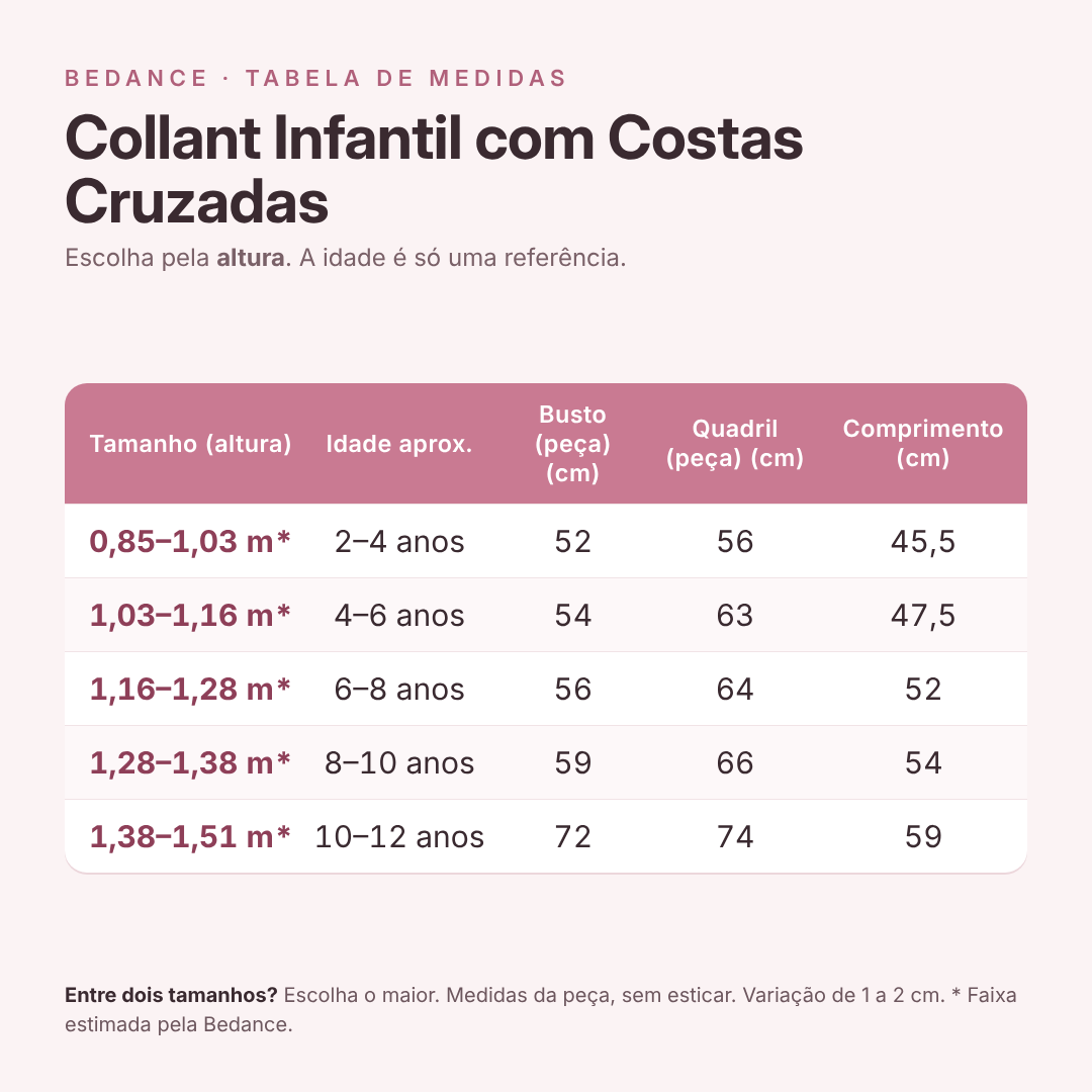 Tabela de medidas - Collant Infantil com Costas Cruzadas