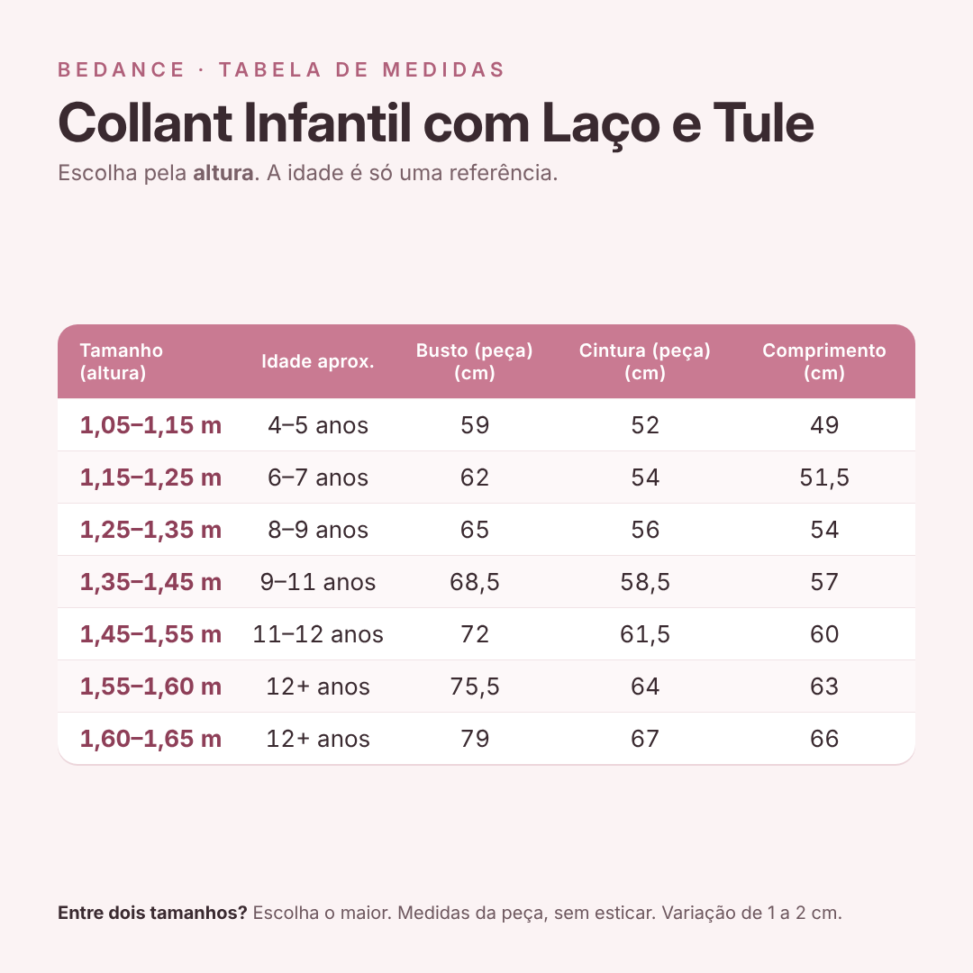 Tabela de medidas - Collant Infantil com Laço e Tule