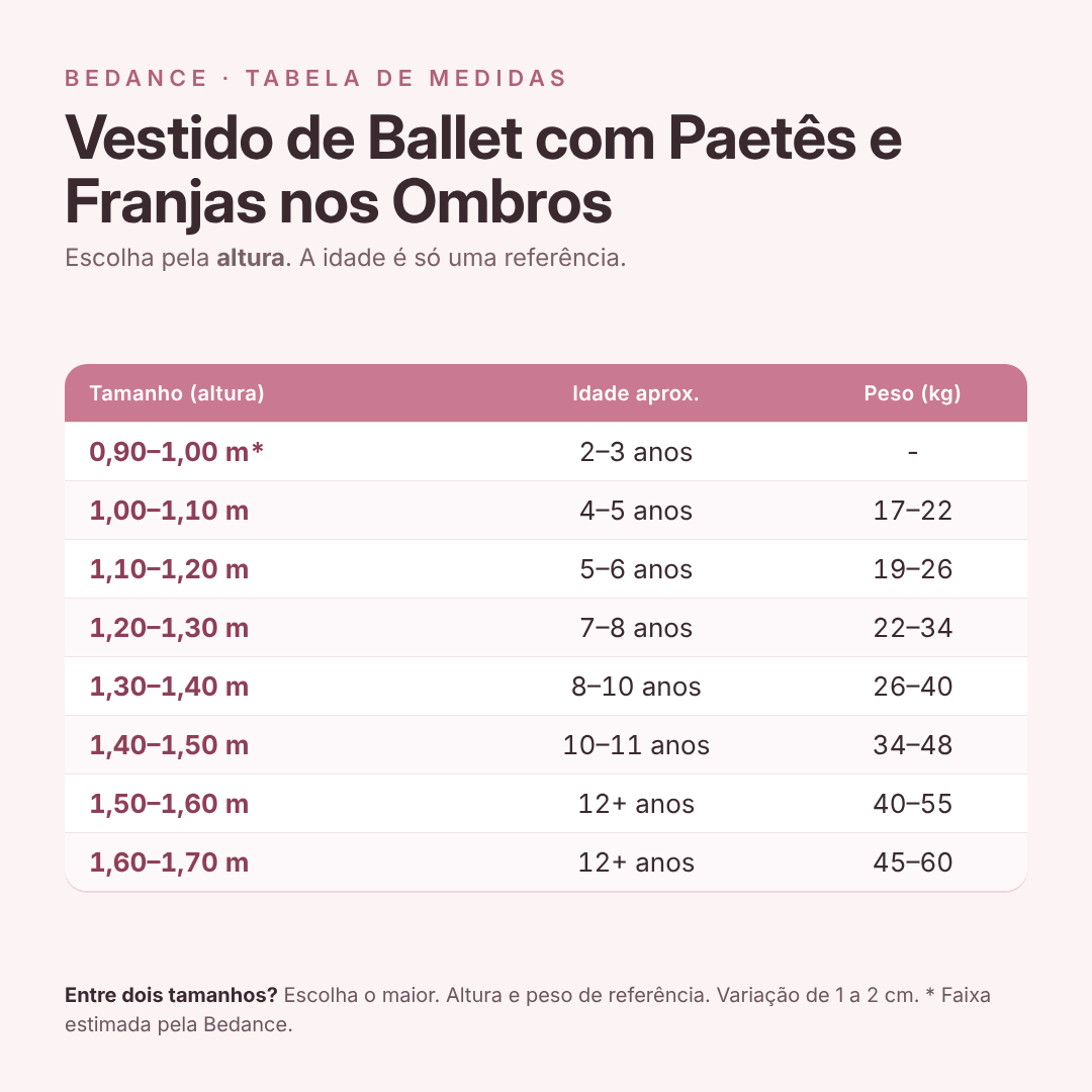 Tabela de medidas - Vestido de Ballet com Paetês e Franjas nos Ombros