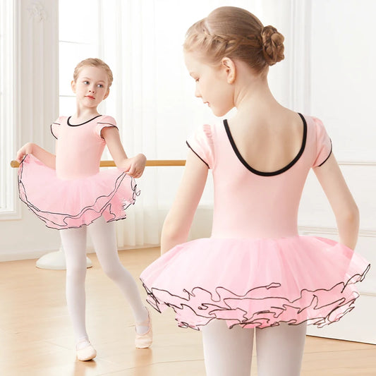 Collant Infantil com Tutu Rosa Manga Curta - Bedance