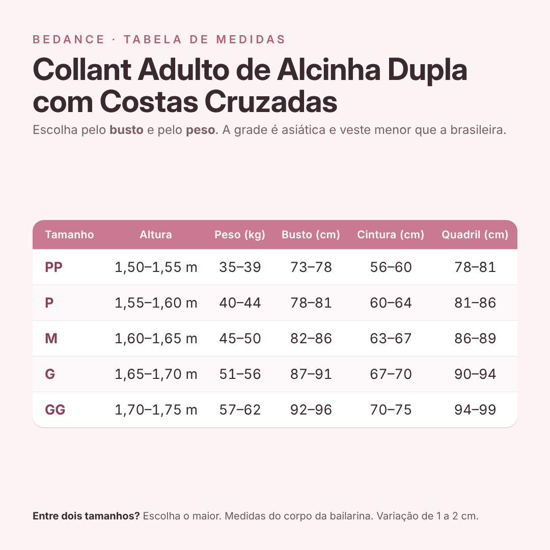 Tabela de medidas - Collant Adulto de Alcinha Dupla com Costas Cruzadas