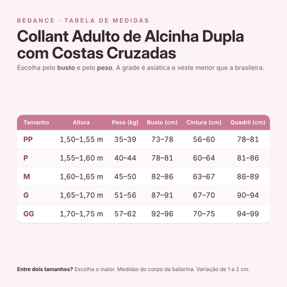 Tabela de medidas - Collant Adulto de Alcinha Dupla com Costas Cruzadas