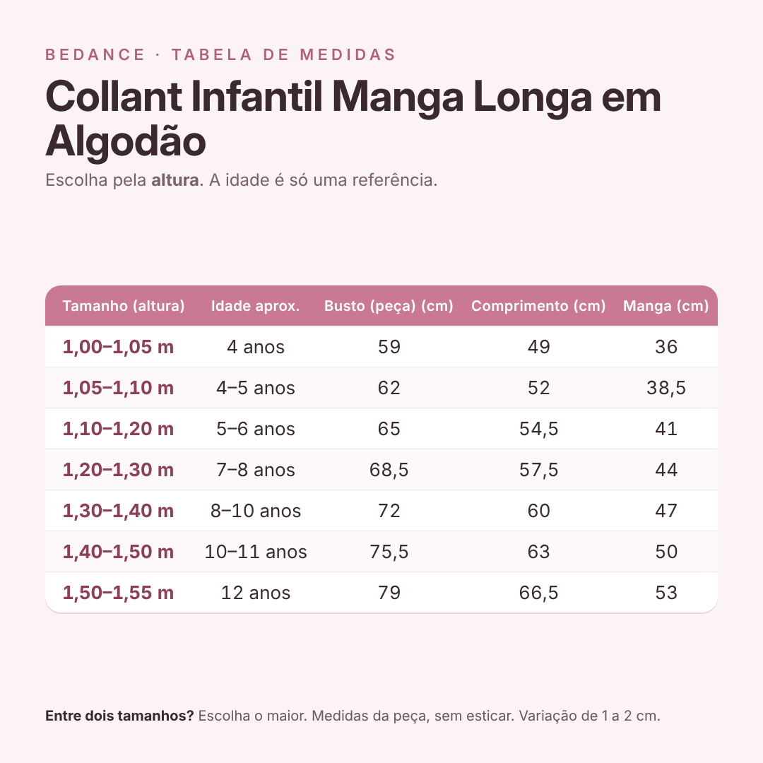 Tabela de medidas - Collant Infantil Manga Longa em Algodão