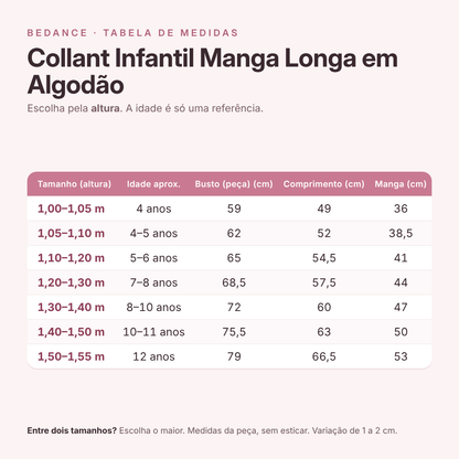 Tabela de medidas - Collant Infantil Manga Longa em Algodão