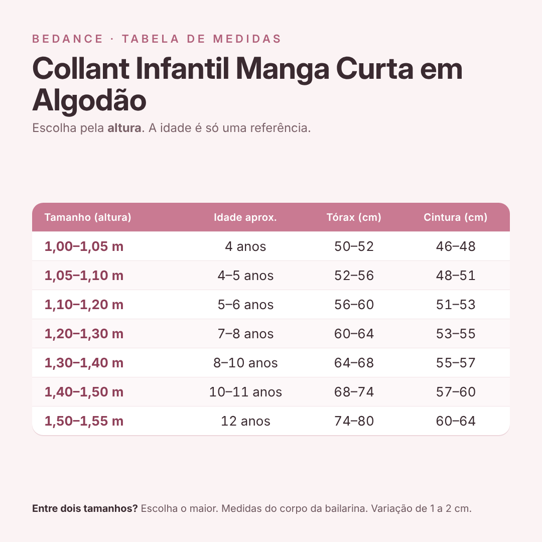 Tabela de medidas - Collant Infantil Manga Curta em Algodão