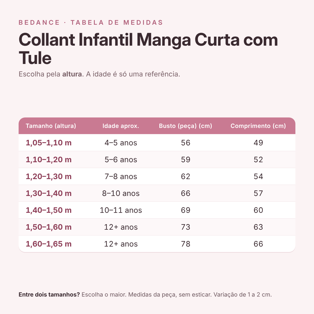 Tabela de medidas - Collant Infantil Manga Curta com Tule