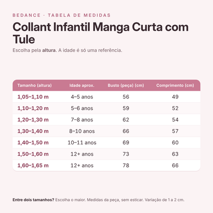 Tabela de medidas - Collant Infantil Manga Curta com Tule
