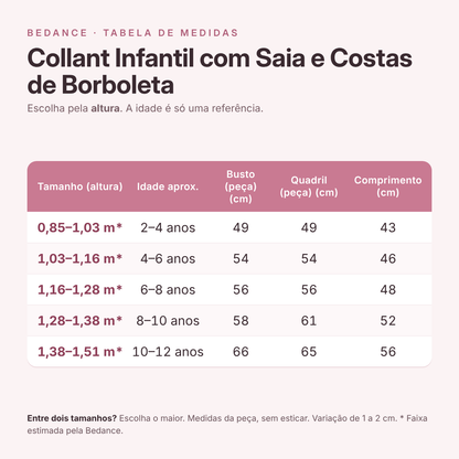 Tabela de medidas - Collant Infantil com Saia e Costas de Borboleta