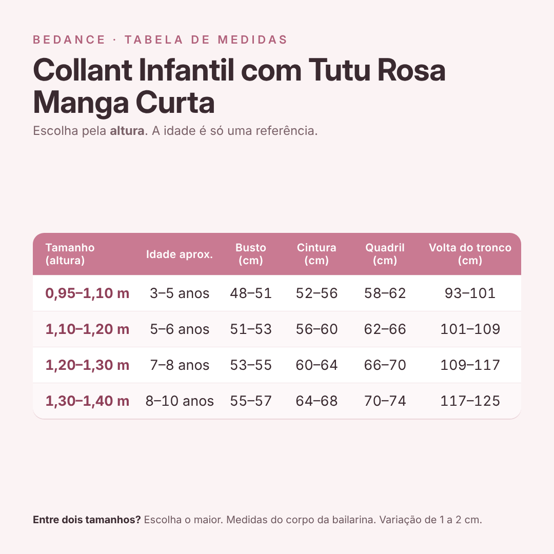 Tabela de medidas - Collant Infantil com Tutu Rosa Manga Curta