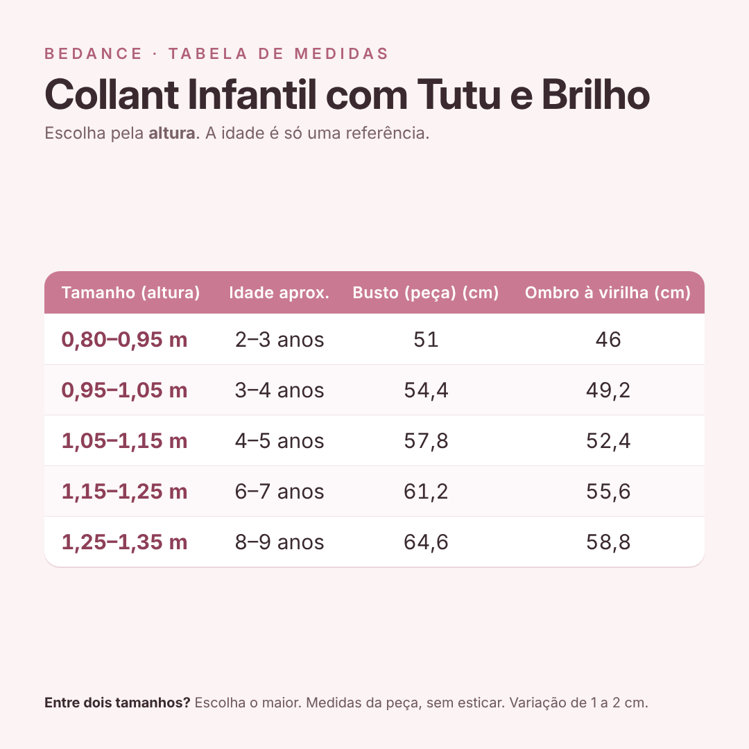Tabela de medidas - Collant Infantil com Tutu e Brilho