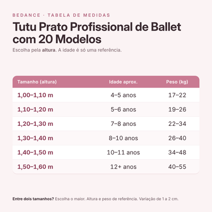 Tabela de medidas - Tutu Prato Profissional de Ballet com 20 Modelos