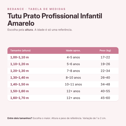 Tabela de medidas - Tutu Prato Profissional Infantil