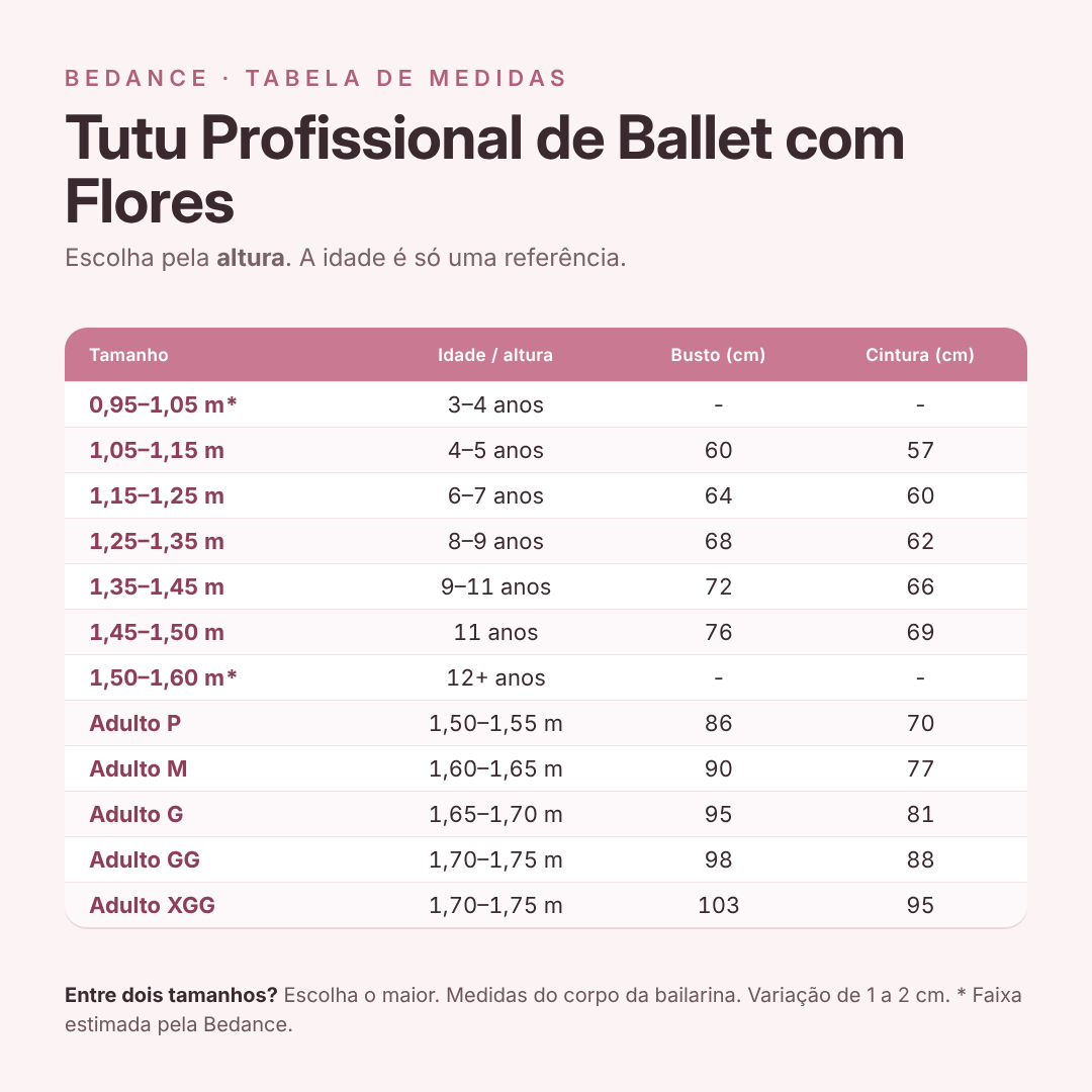 Tabela de medidas - Tutu Profissional de Ballet com Flores