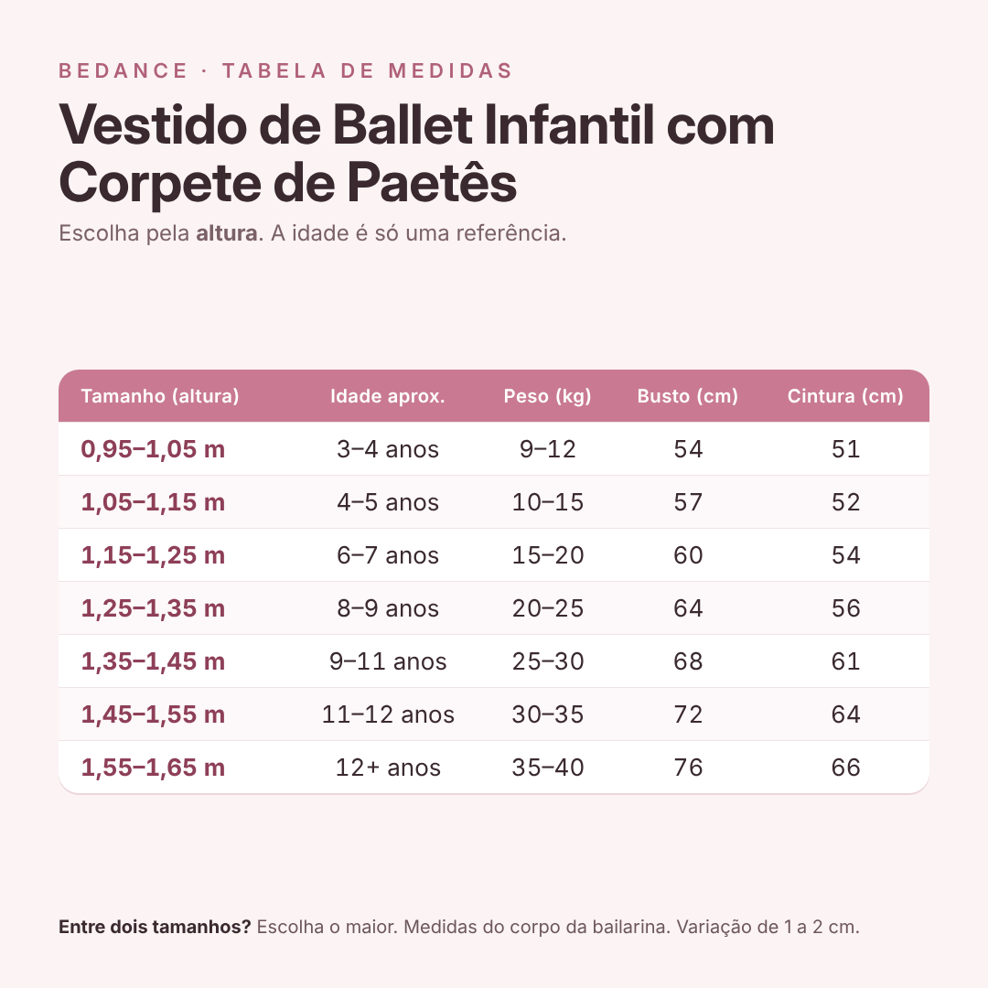 Tabela de medidas - Vestido de Ballet Infantil com Corpete de Paetês