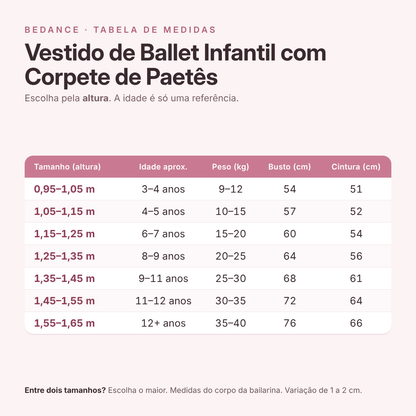 Tabela de medidas - Vestido de Ballet Infantil com Corpete de Paetês