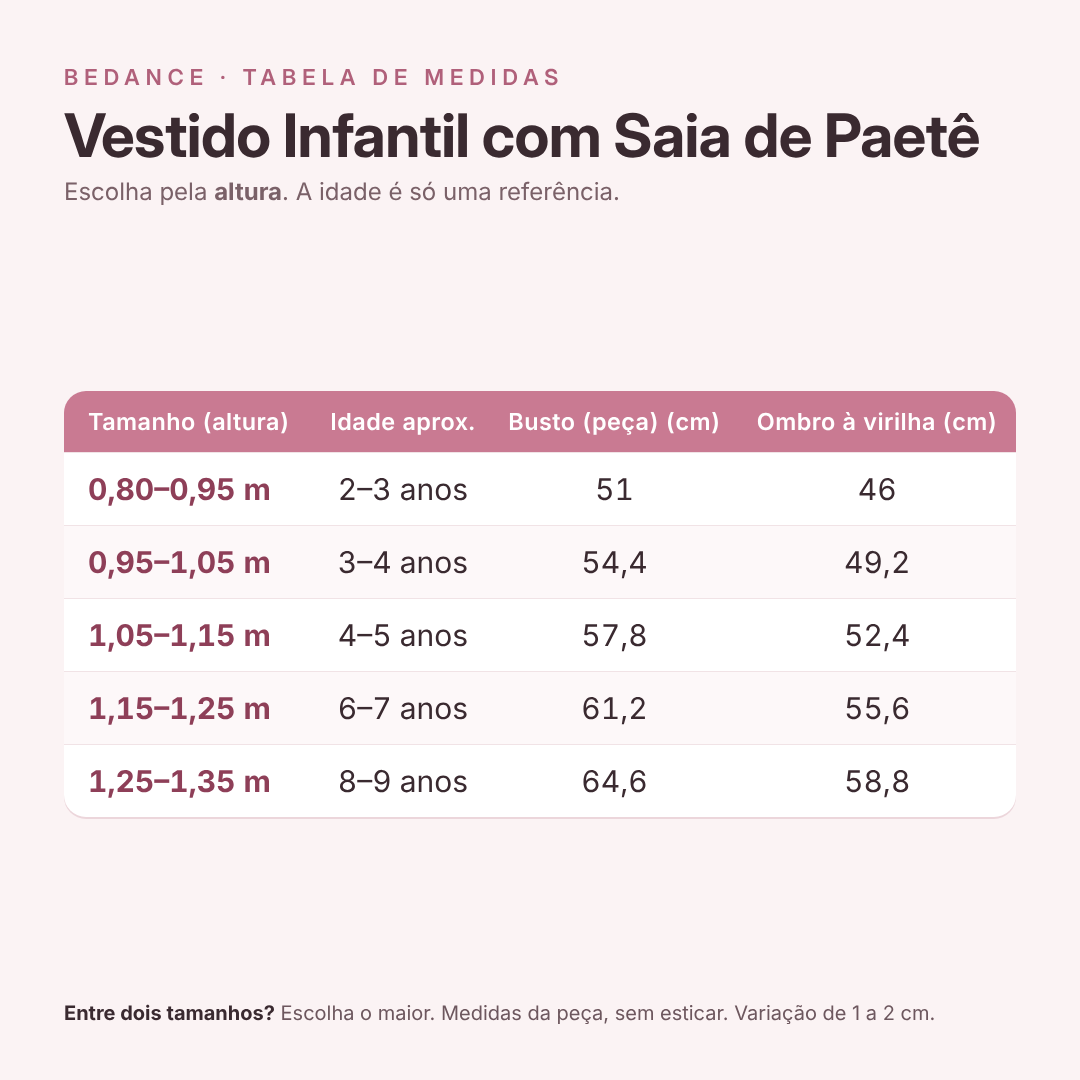 Tabela de medidas - Vestido Infantil com Saia de Paetê