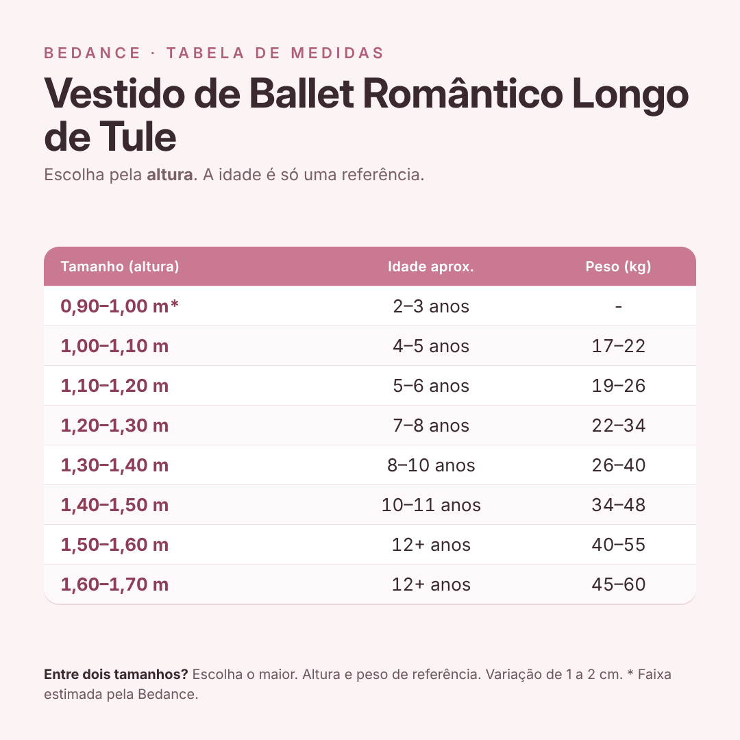 Tabela de medidas - Vestido de Ballet Romântico Longo de Tule