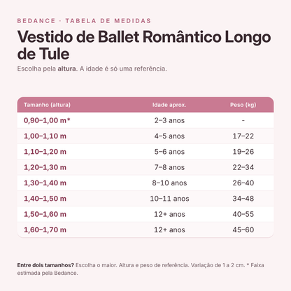 Tabela de medidas - Vestido de Ballet Romântico Longo de Tule