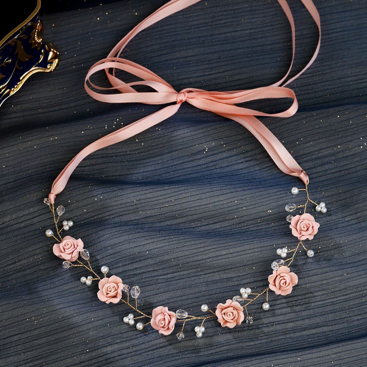 tiara floral artesanal hs-j6991g-rosa