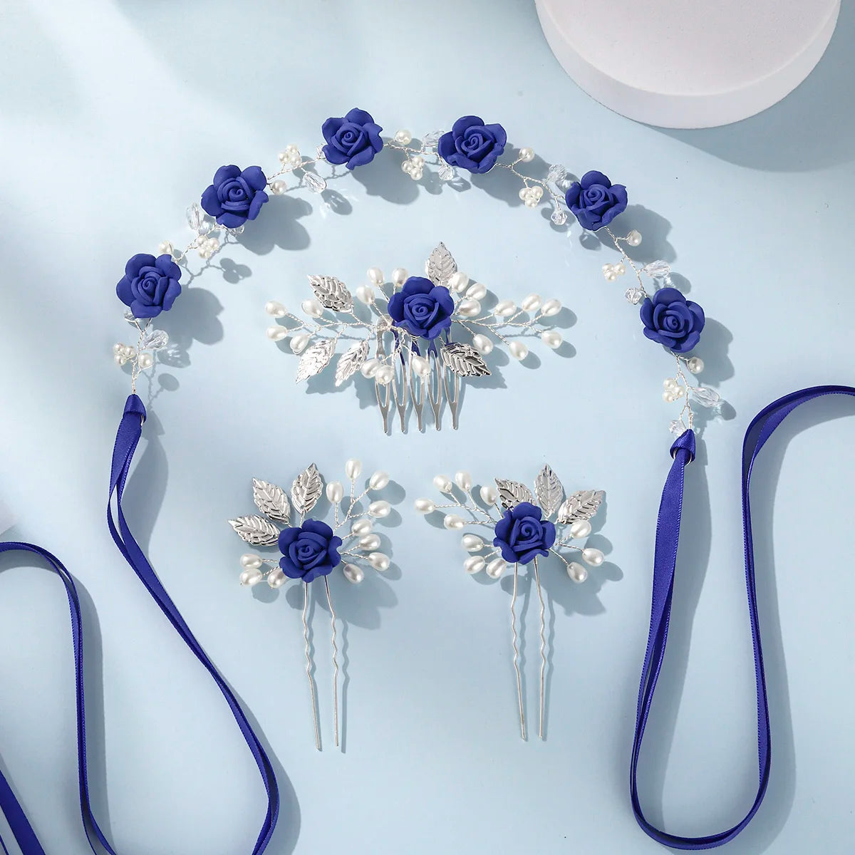 tiara floral artesanal zuhe-azul