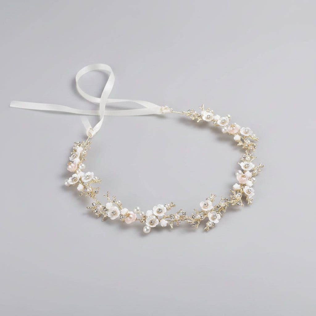 tiara metálica floral dourado
