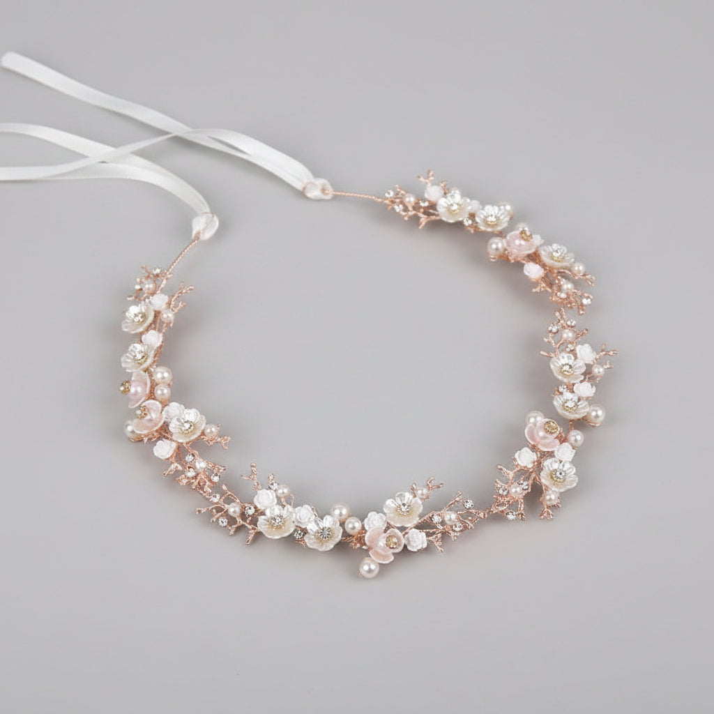 tiara metálica floral rosé gold